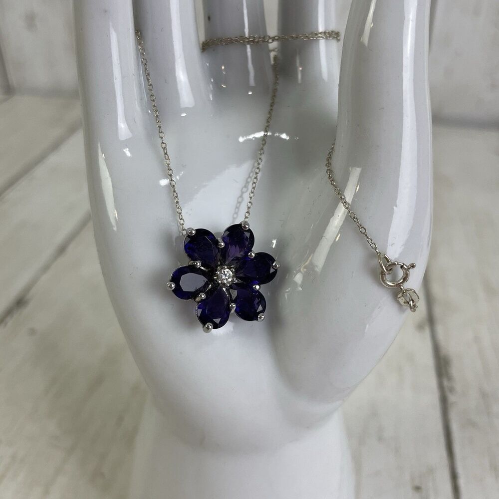 Sterling Silver Flower Pendant Necklace Purple CZ Stones 18” Italy Chain